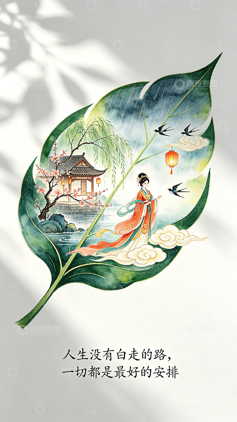 高清大图下载【趣麦麦图】-弧线里叠加大量的江南烟雨画