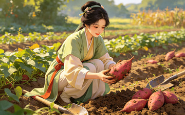 田园古风女子挖红薯