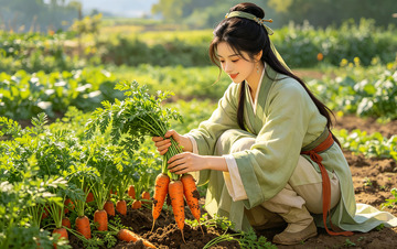 古风女子田园采摘胡萝卜