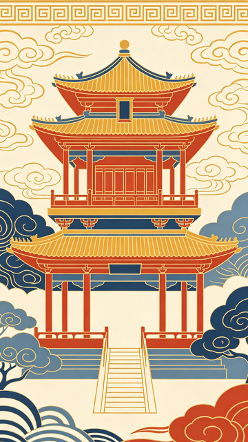 中国传统建筑阁楼艺术插画