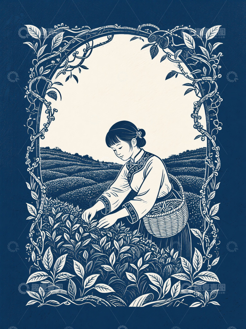 高清大图下载【趣麦麦图】中式传统蓝底白描采茶女纹样插图4