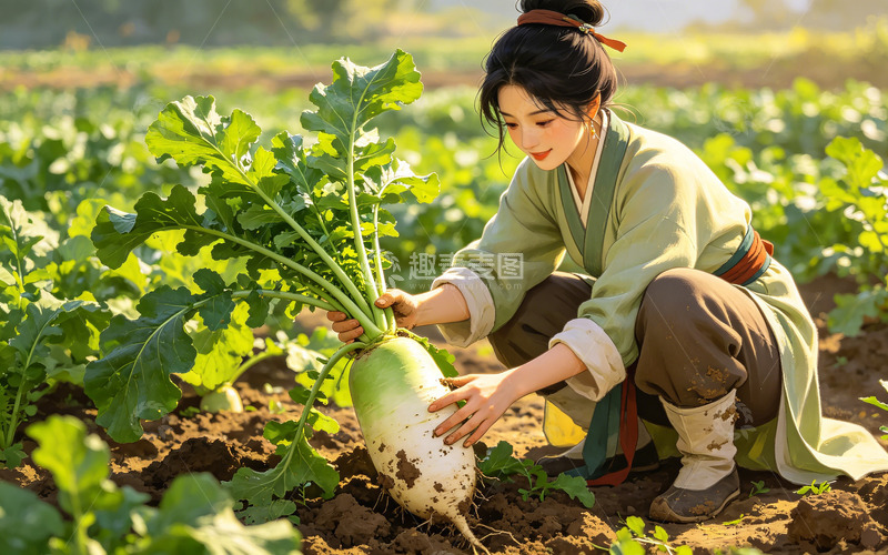 高清大图下载【趣麦麦图】田园风光女子采摘萝卜