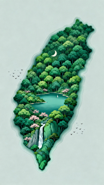 剪纸风森林湖泊瀑布风景画
