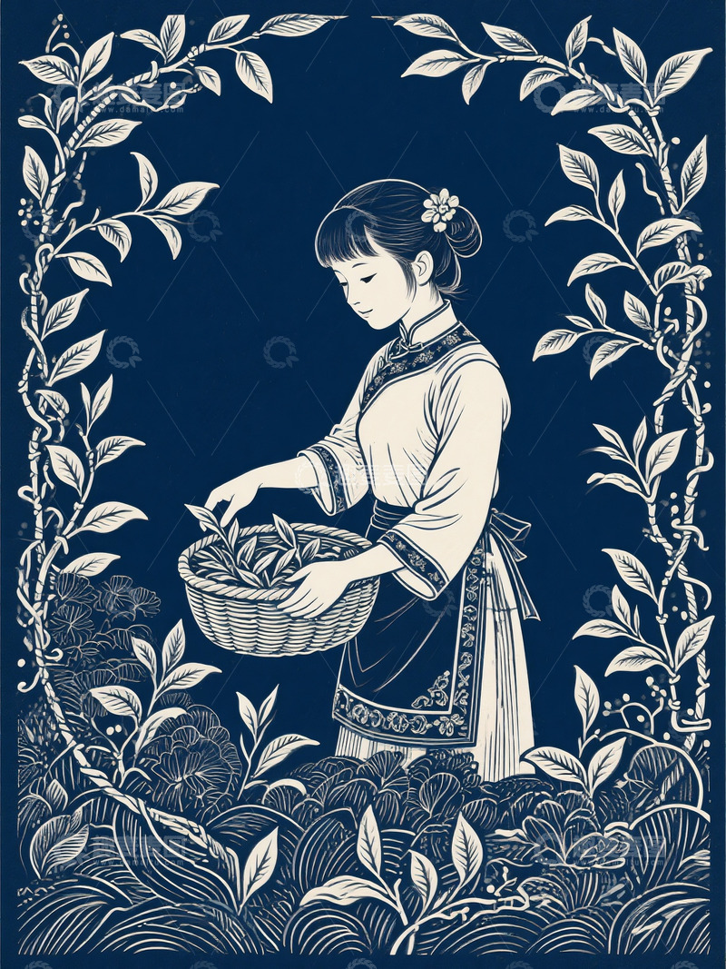 高清大图下载【趣麦麦图】中式传统蓝底白描采茶女纹样插图2