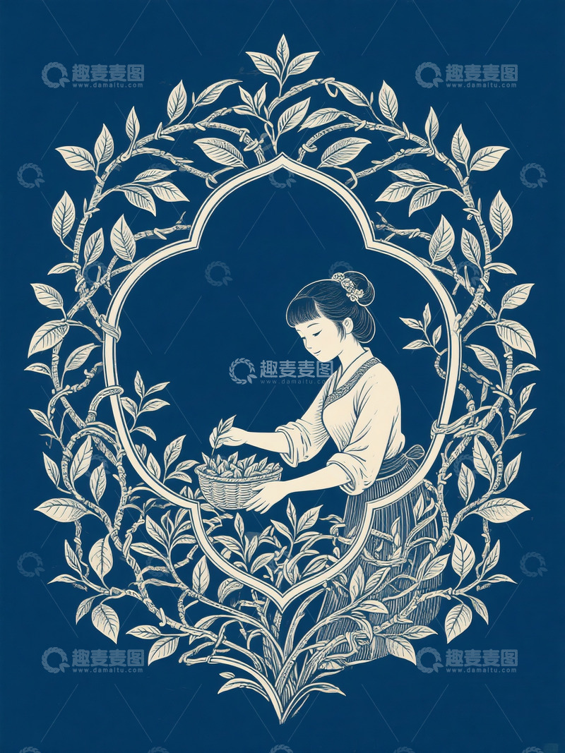 高清大图下载【趣麦麦图】中式传统蓝底白描采茶女纹样插图1