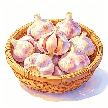 水彩大蒜篮子静物插画
