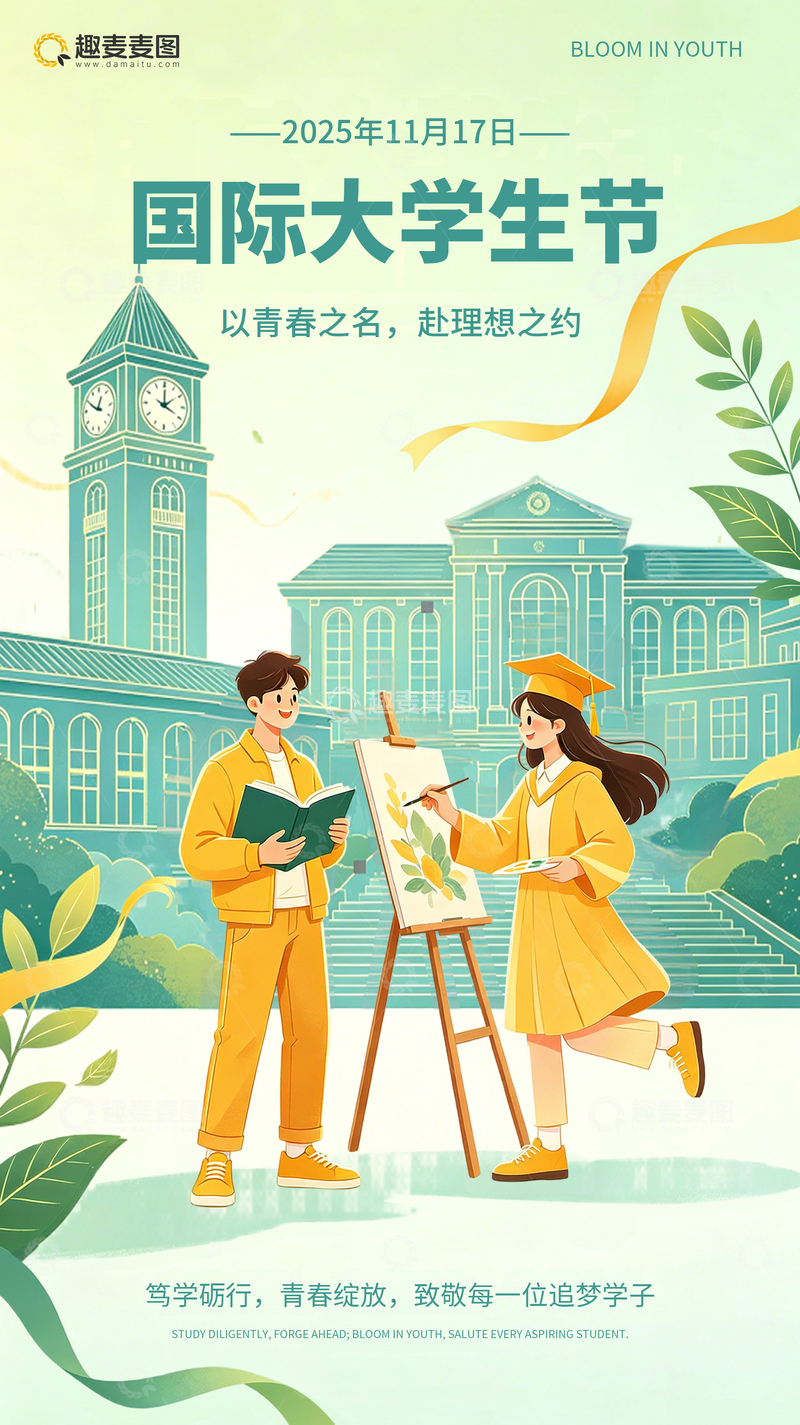 源文件下载【趣麦麦图】-插画风格国际大学生节节日宣传海报