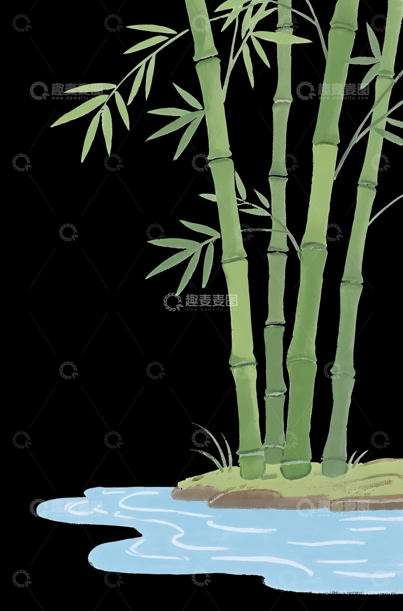 源文件下载【趣麦麦图】手绘风格竹林溪水素材1 