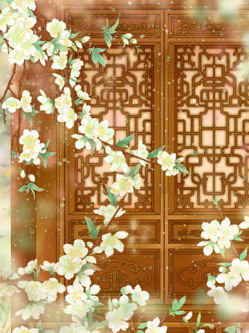 古风梨花花卉窗棂插画