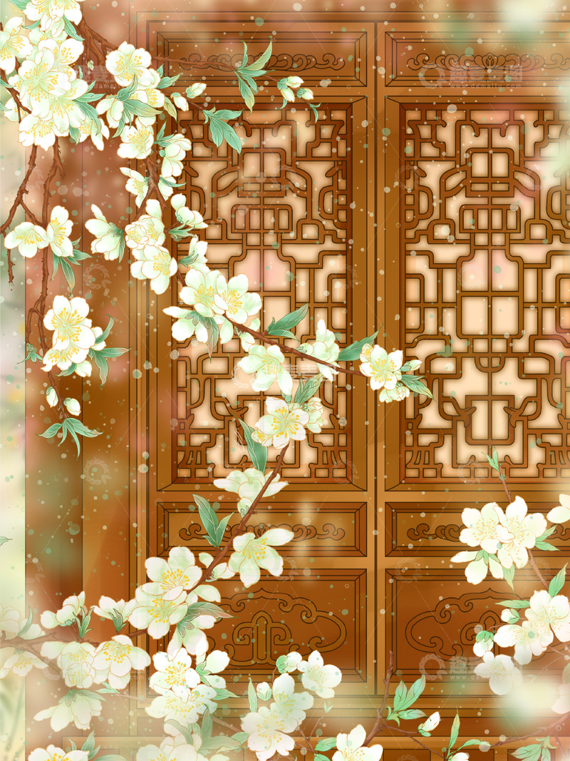 源文件下载【趣麦麦图】-古风梨花花卉窗棂插画