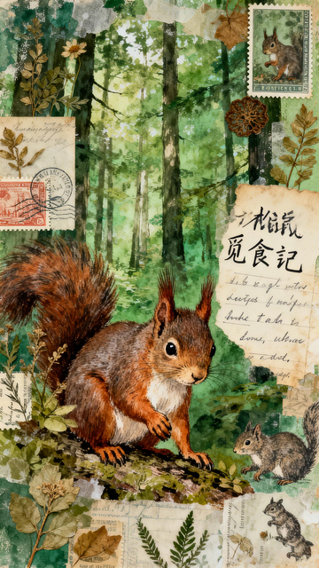 森林松鼠觅食拼贴画