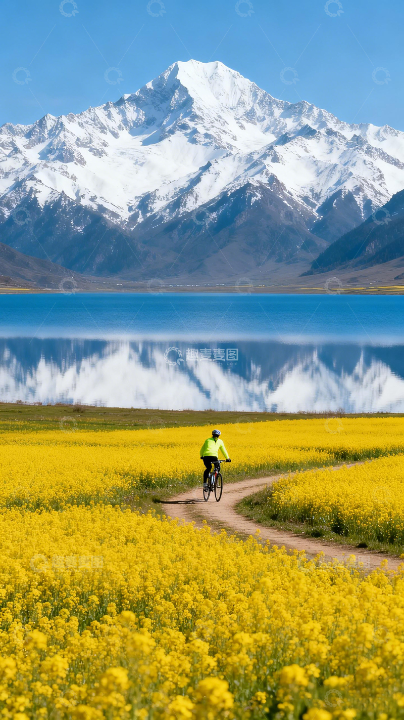 高清大图下载【趣麦麦图】雪山湖畔骑行美景自然风光摄影图片