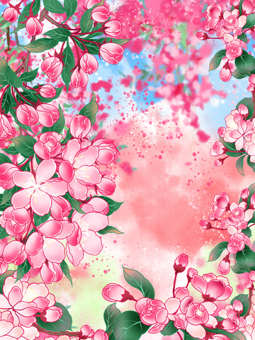 古风水彩春天海棠花插画背景海报素材