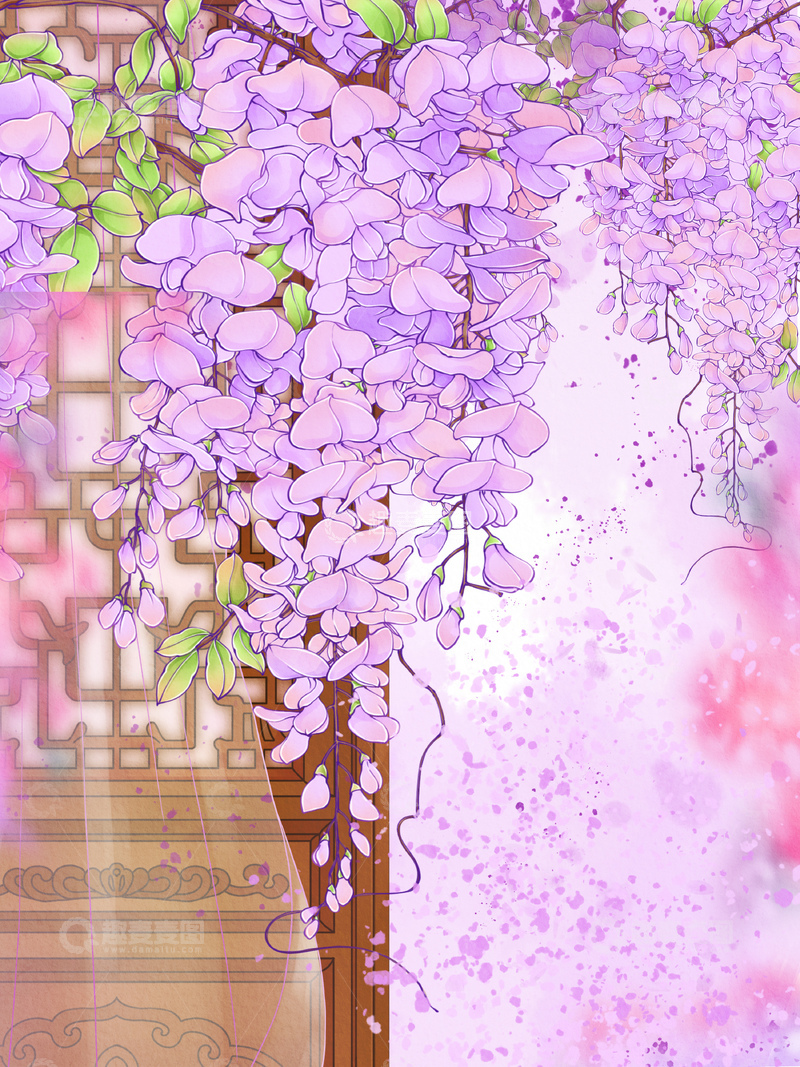 源文件下载【趣麦麦图】-古风浪漫紫藤花窗棂插画海报背景