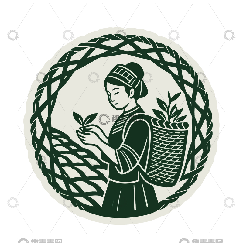 源文件下载【趣麦麦图】传统农妇采茶图案贴纸