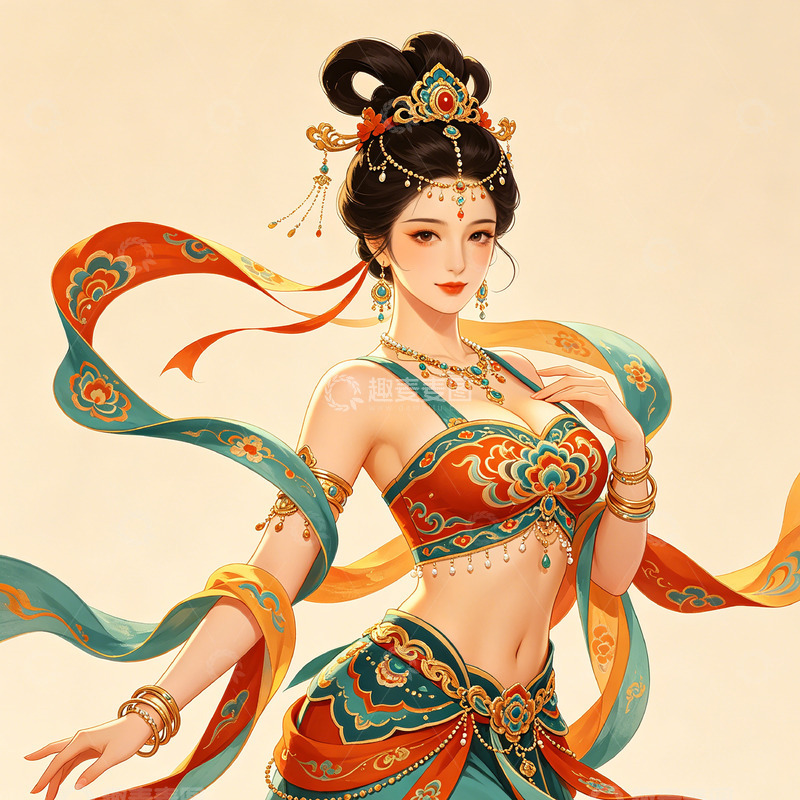 高清大图下载【趣麦麦图】-敦煌古风飞天舞女插画设计素材