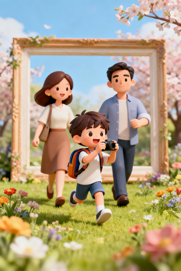 暖晴春日樱花下的3d家庭踏青温馨场景1