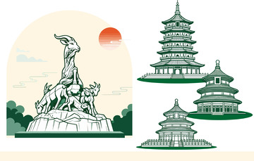 古风建筑雕塑插画设计素材