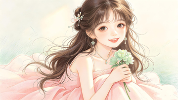 少女插画风格粉色礼服鲜花壁纸素材