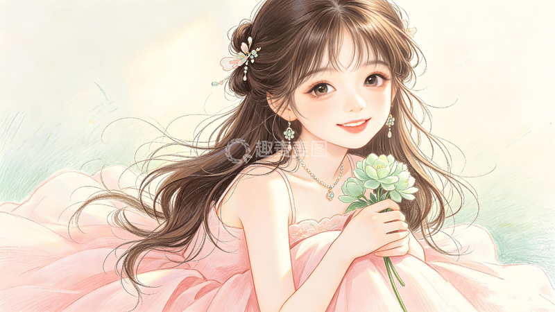 高清大图下载【趣麦麦图】-少女插画风格粉色礼服鲜花壁纸素材