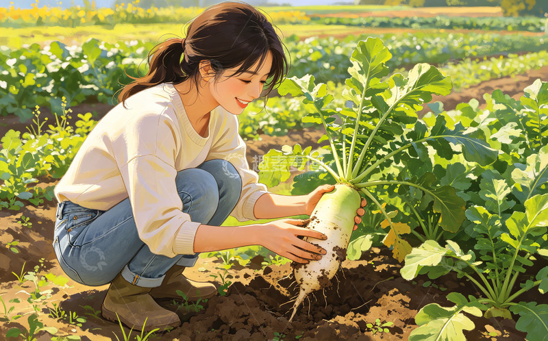 高清大图下载【趣麦麦图】田园风少女采摘蔬菜插画