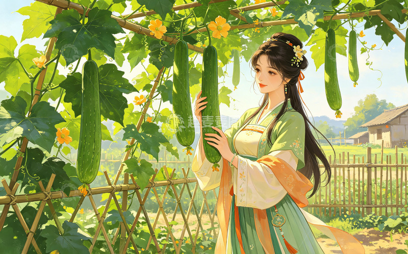 高清大图下载【趣麦麦图】古风田园丝瓜女子插画