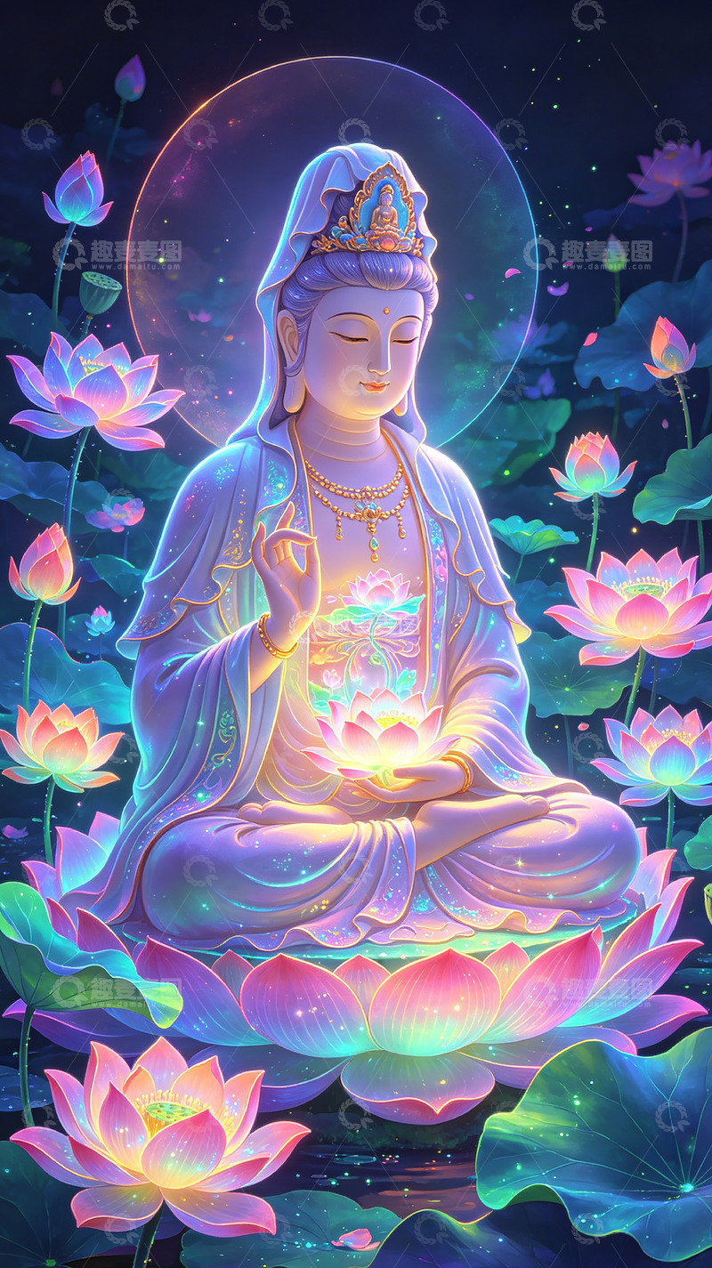 高清大图下载【趣麦麦图】梦幻佛像莲花艺术插画