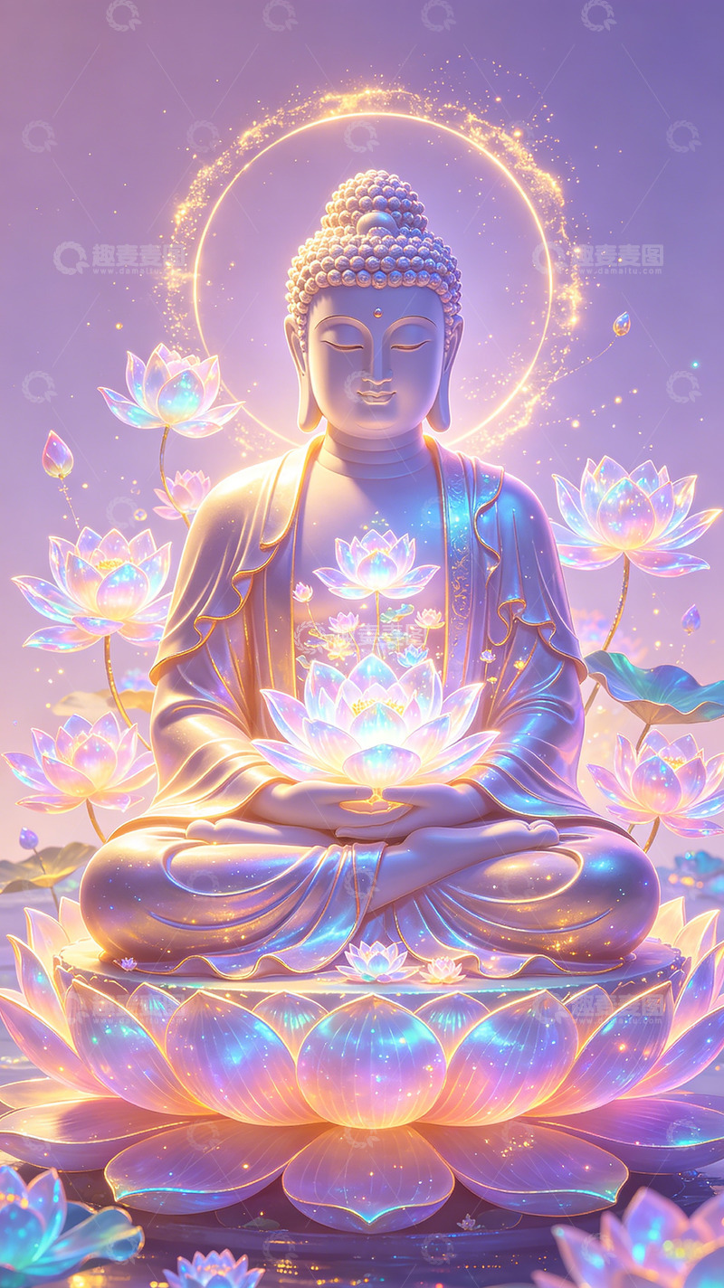 高清大图下载【趣麦麦图】佛光莲花禅意艺术插画