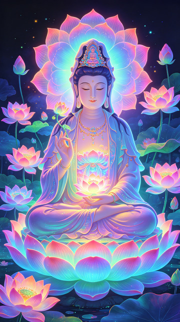 霓虹佛像莲花艺术插画
