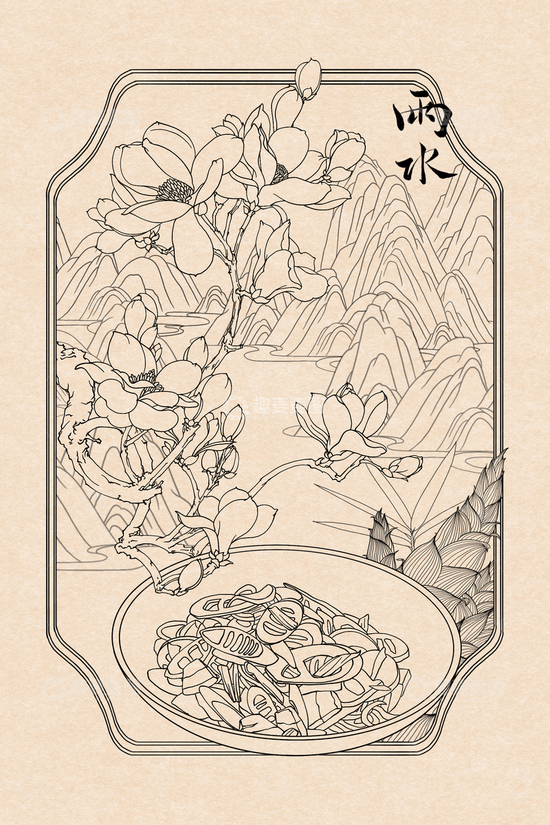 源文件下载【趣麦麦图】古风白描水墨风山水画与美食玉兰花插画