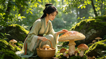 古风女子森林采蘑菇摄影图