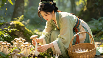 古装女子采蘑菇自然风光