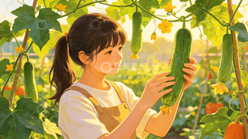 高清大图下载【趣麦麦图】田园风少女摘丝瓜插画