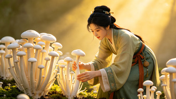 古风女子采蘑菇自然风光摄影