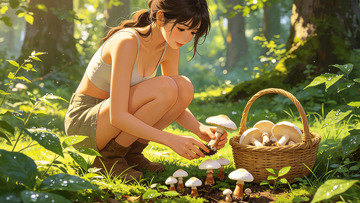 森林采蘑菇少女插画