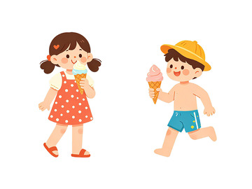 卡通夏日孩童吃冰淇淋插画