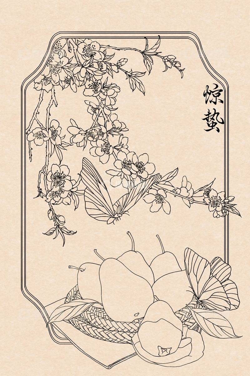 源文件下载【趣麦麦图】- 古风白描线描风格惊蛰梨花卉水果图案