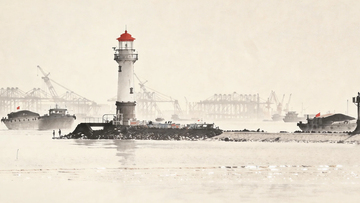 百年吴淞口灯塔风光水墨画
