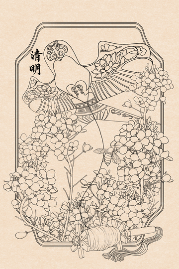 古风白描线描风清明花鸟装饰画设计素材