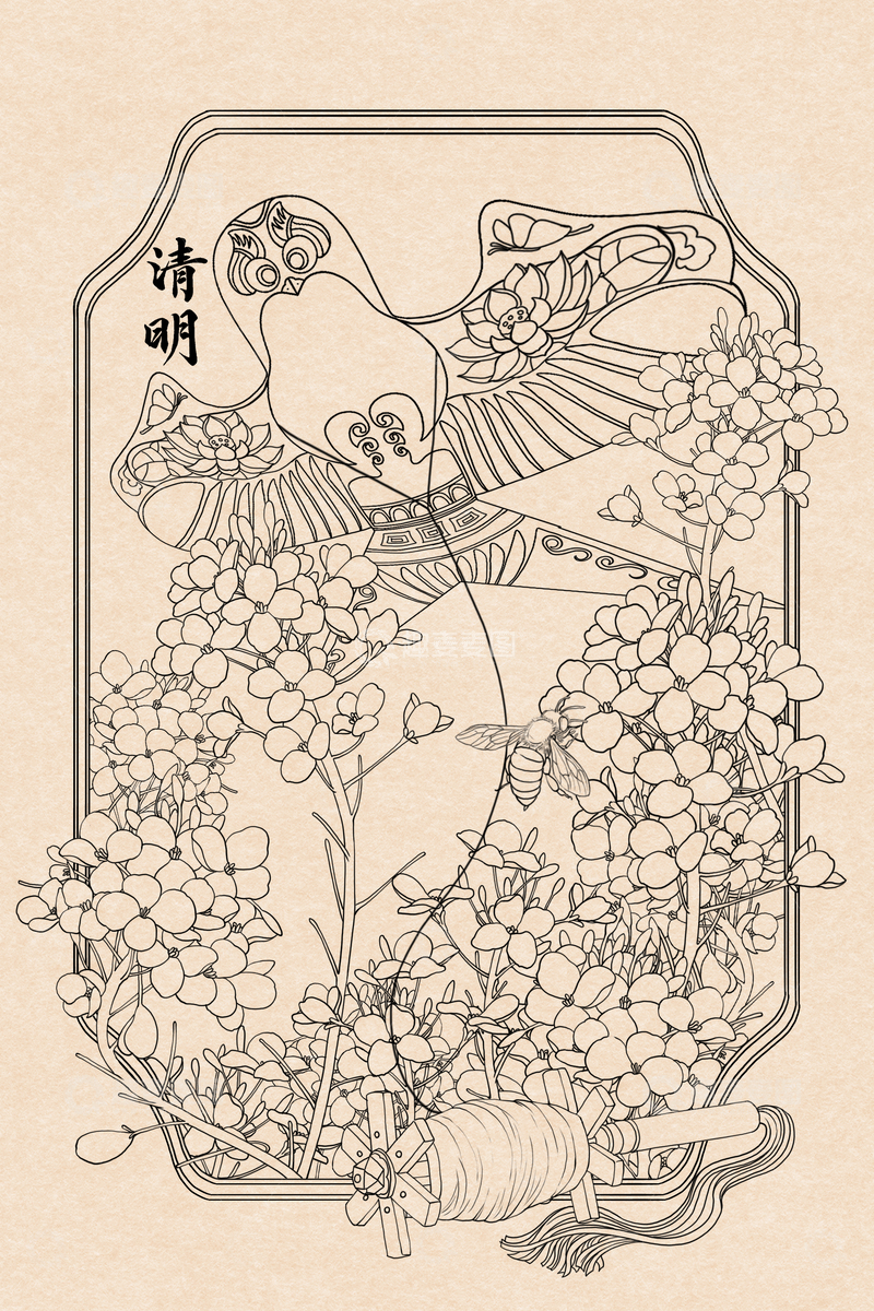 源文件下载【趣麦麦图】-古风白描线描风清明花鸟装饰画设计素材