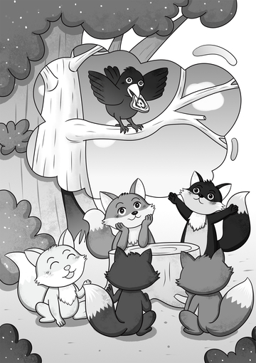 群狐围观树上叼物的乌鸦儿童插画