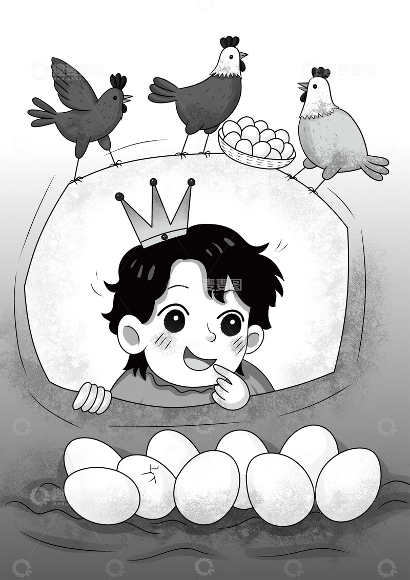 源文件下载【趣麦麦图】-戴皇冠小孩与鸡和蛋画面儿童插画
