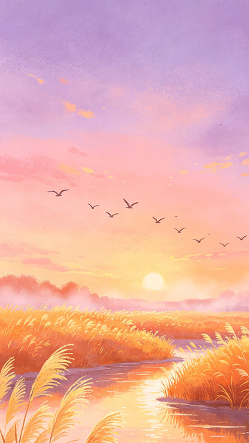 夕阳芦苇湖畔风景插画