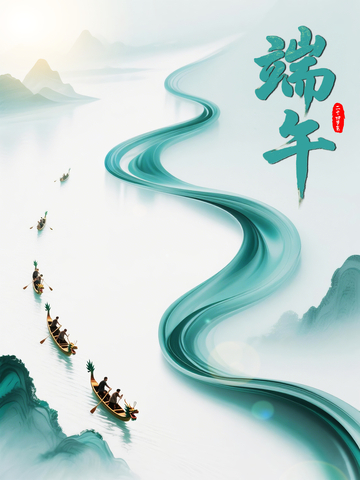水墨风端午节龙舟山水图
