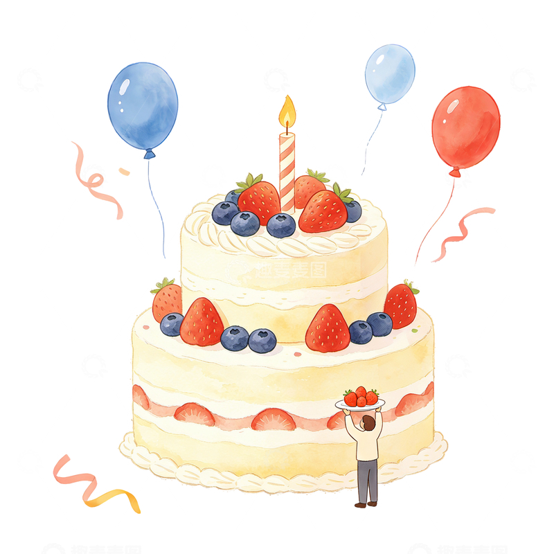 源文件下载【趣麦麦图】-水彩风生日蛋糕庆祝插画