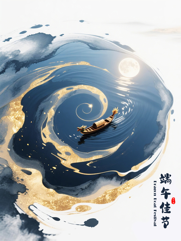 水墨风端午节龙舟插画