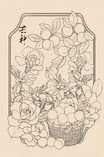 古风白描线描栀子花青梅花卉果篮装饰画