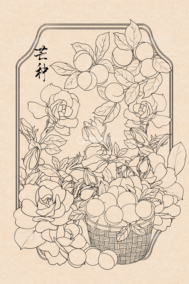 源文件下载【趣麦麦图】-古风白描线描栀子花青梅花卉果篮装饰画
