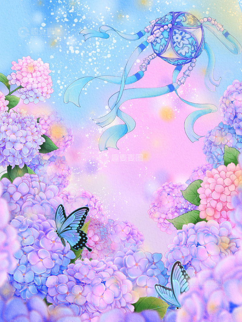 源文件下载【趣麦麦图】-梦幻绣球花花园精灵插画