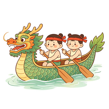 龙舟卡通插画儿童划船免扣素材